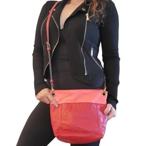 Fossil genuine Leather Crossbody purse two tone neon pink and burgundy